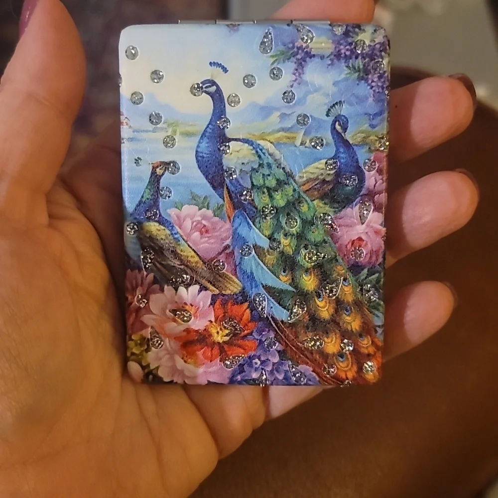 Rhinestone embellished peacock compact Makeup mirror new holiday gift